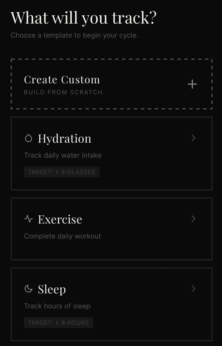 Inertia templates screen showing customizable habit patterns and categories